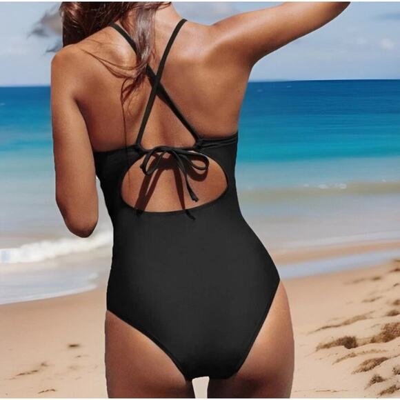 Cupshe Women Black 1 Piece Swimsuit Large High Neck Cutout Ruched Tummy Control - Picture 2 of 8